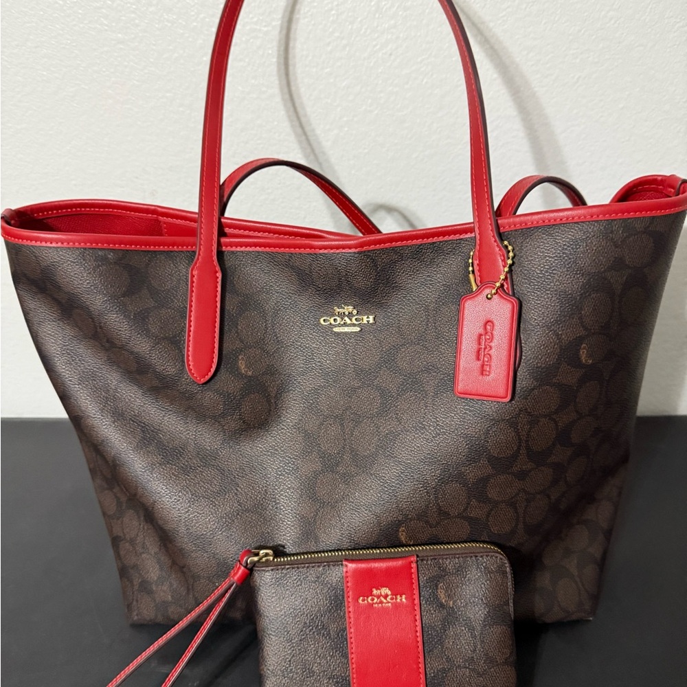 Coach Signature Brown and Red Tote Bag